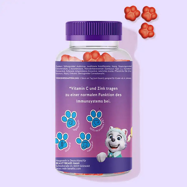 Así funcionan las vitaminas Immun Power Paws para niños con saúco: la vitamina C y el zinc contribuyen al funcionamiento normal del sistema inmunitario.