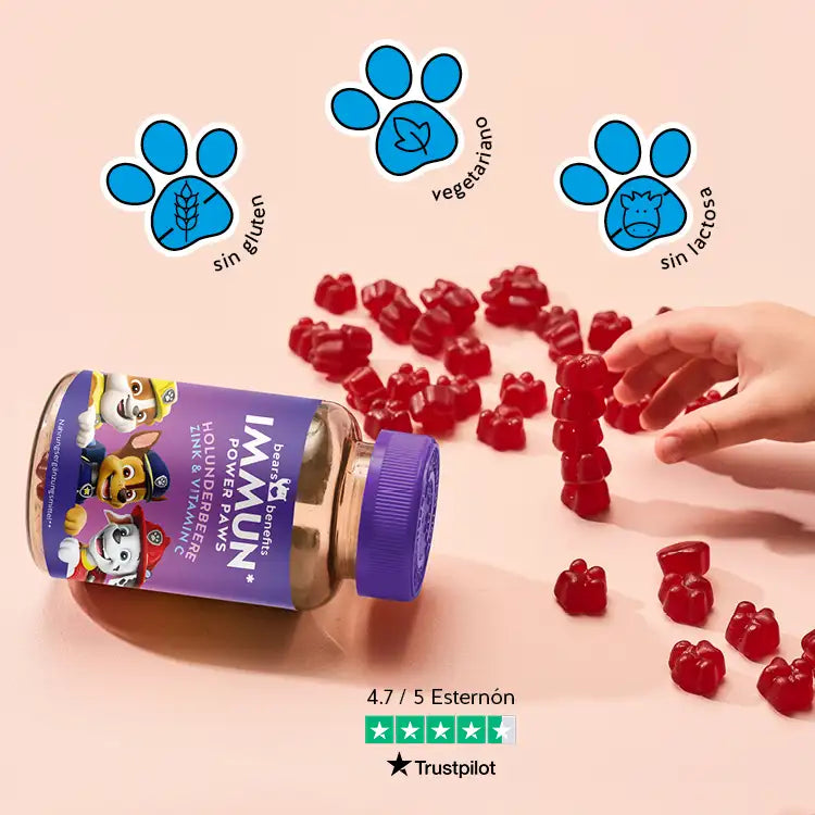 Esta foto muestra los beneficios del producto Immune Power Paws con saúco para niños de Bears with Benefits. Sin gluten, vegetariano y sin lactosa.