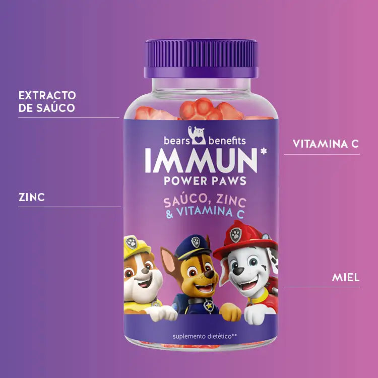 Esta imagen muestra los ingredientes de los ositos Immun Power Paws para niños con saúco. Extracto de saúco, zinc, vitamina C y miel.