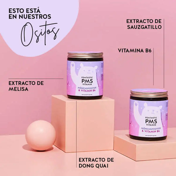 Estos ingredientes y nutrientes están en las Vitaminas Femtastic PMS de Bears with Benefits: Pimienta de Monje, Toronjil, Dong Quai y Vitamina B6.