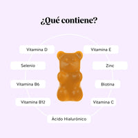 Bears with Benefits Re•Balance Menopause* Support – Fórmula en gominolas con ácido hialurónico (25 mg), aceite de linaza (20 mg), aceite de onagra y de borraja, vitaminas C, D, E, B6 y B12, biotina, zinc y selenio para apoyar a la mujer durante la menopausia.
