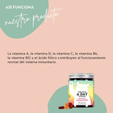 Así funcionan las Vitaminas Inmunitarias One Bear A Day de Osos con Beneficios con Complejo Multivitamínico: para el funcionamiento normal del sistema inmunitario, especialmente durante la estación fría, el organismo necesita un aporte vitamínico aumentado, provisto de todas las vitaminas esenciales