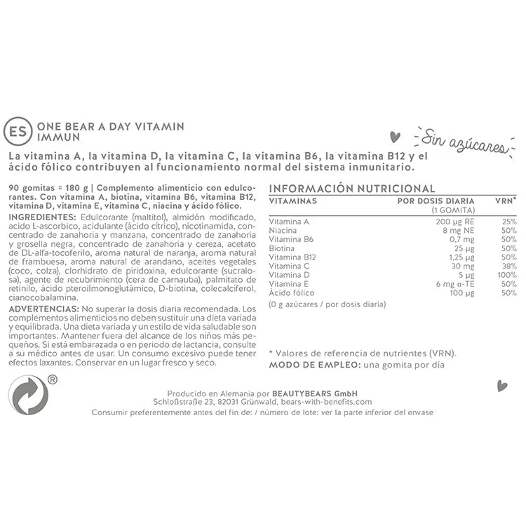 Estos ingredientes y nutrientes se encuentran en las Vitaminas Inmunitarias One Bear A Day de Osos con Beneficios.