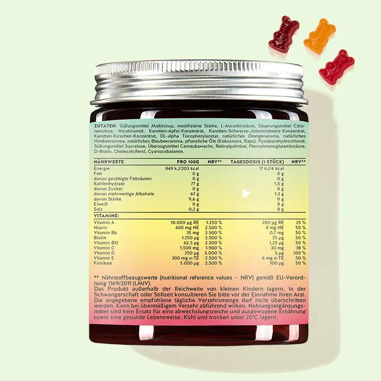 Este es el reverso del envase del complejo multivitamínico One Bear A day bears con vitamina C. En él figuran la información nutricional y la lista de ingredientes del producto.