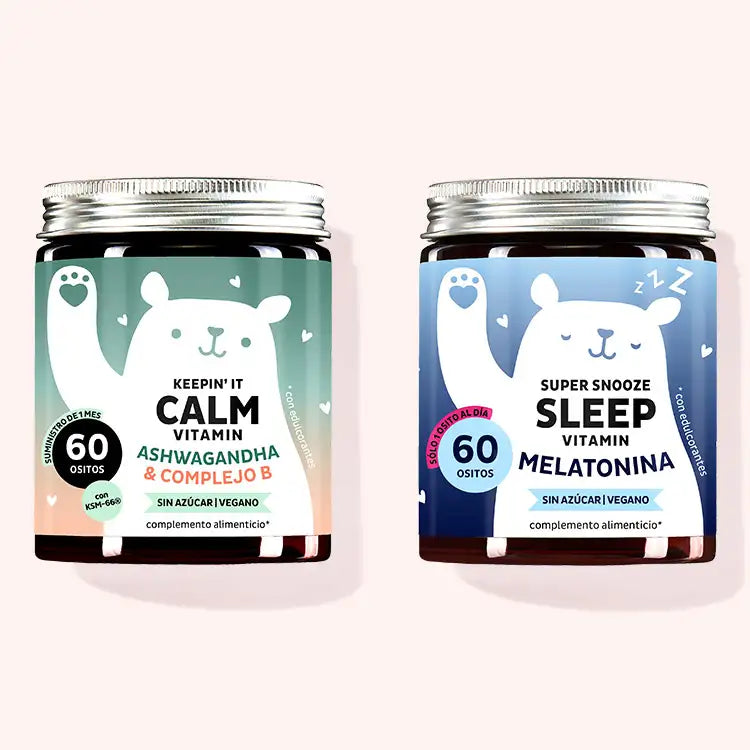 Duerme bien Duo bundle of 2 by Bears with Benefits consisting of the Keepin`It Calm vitamins with Ashwaganda and the Super Snooze Sleep vitamins with Melatonin.