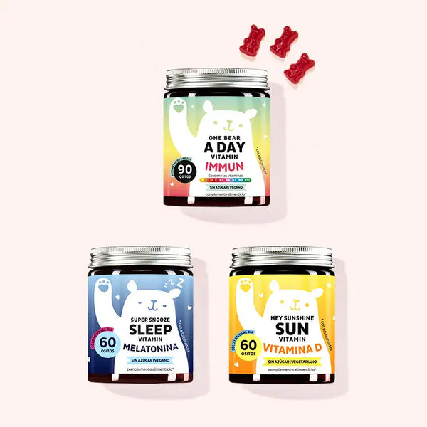 Set de 3 "Trío para tu sistema inmunitario" compuesto por las Vitaminas One Bear A Day con complejo inmunitario, las Vitaminas Super Snooze Sleep con melatonina y las Vitaminas Hey Sunshine Sun con vitamina D de Bears with Benefits.