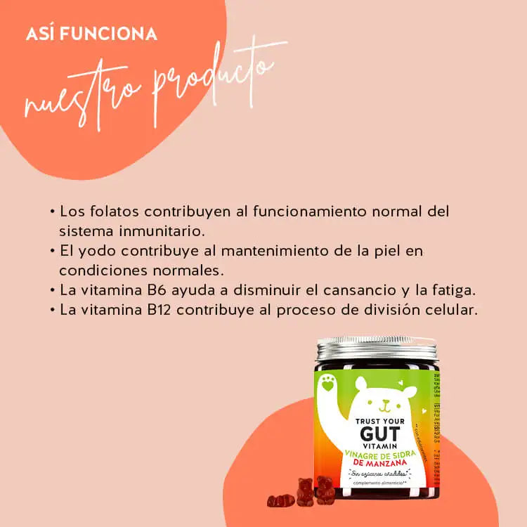 Así funcionan las vitaminas de Trust Your Gut con vinagre de sidra de manzana: con sabor a manzana en lugar de vinagre, el vinagre de sidra de manzana se toma, entre otras cosas, para depurar y como prebiótico natural. Se acumulan los informes sobre un posible efecto positivo en el metabolismo.