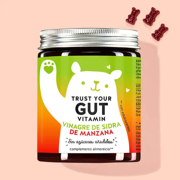 Una lata de Trust Your Gut Vitamins with Apple Cider Vinegar de Bears with Benefits para el bienestar intestinal.