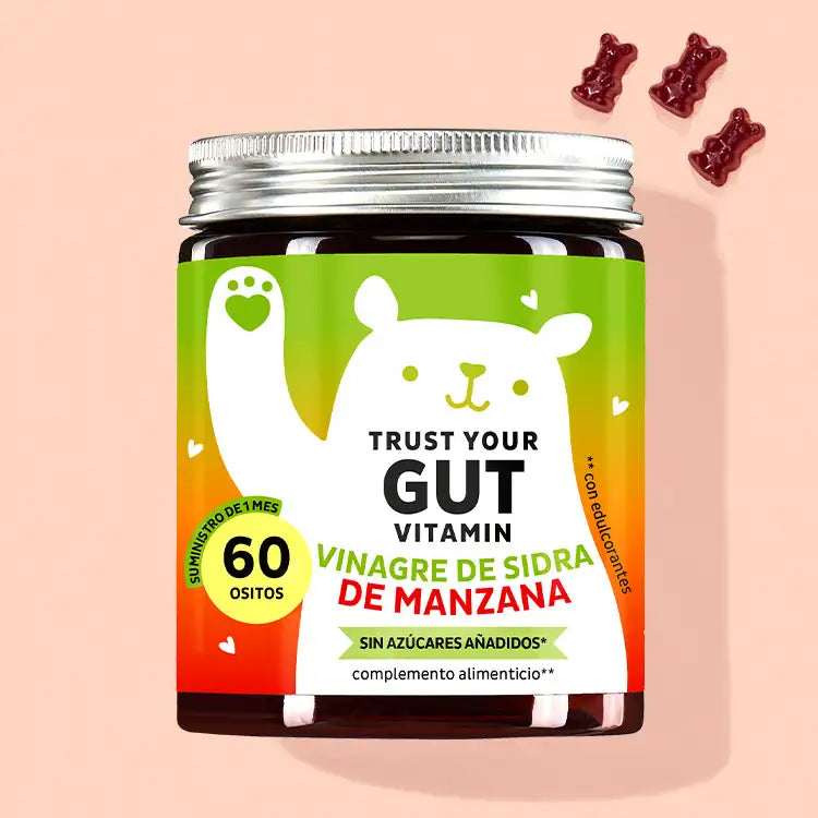 Una lata de Trust Your Gut Vitamins with Apple Cider Vinegar de Bears with Benefits para el bienestar intestinal.