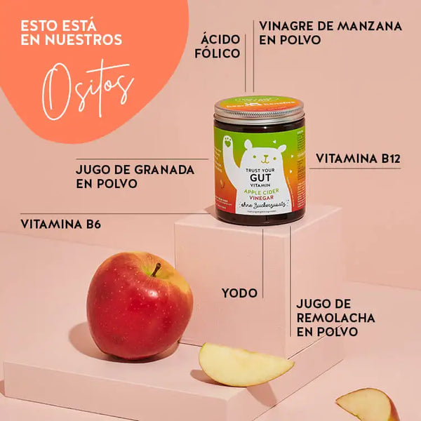 Estos ingredientes y nutrientes se encuentran en las Vitaminas Trust Your Gut de Bears with Benefits: vinagre de sidra de manzana en polvo, ácido fólico, zumo de remolacha en polvo, yodo, vitamina B6, B12 y zumo de granada en polvo.