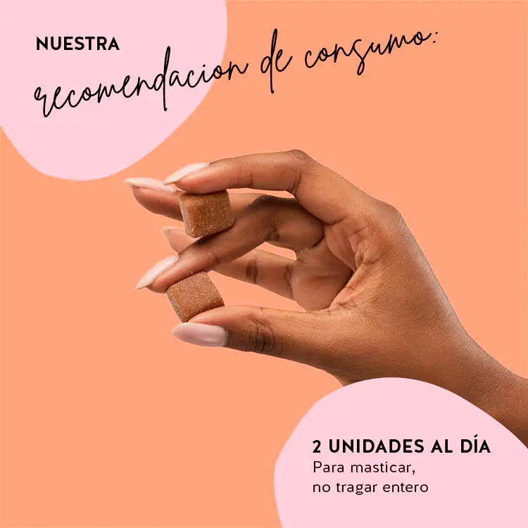 La dosis recomendada para nuestro producto: Beauty Bites para tu piel, pelo y uñas. 2 unidades al día.