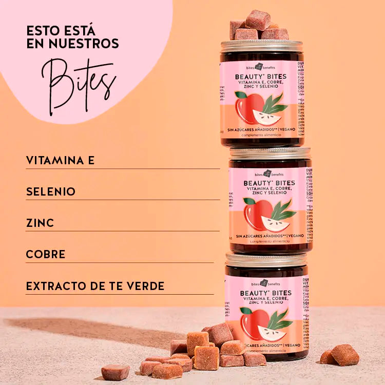 Ingredientes de el producto Beauty Bites para el pelo, la piel y uñas. Contiene Vitamina E, Selenio, Zinc, Cobre y Extracto de té verde. 