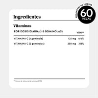 Bears with Benefits Daily Essentials Vitamina C – Tabla nutricional con 125 mg de vitamina C por gominola, información detallada de ingredientes y valores nutricionales para la rutina diaria.