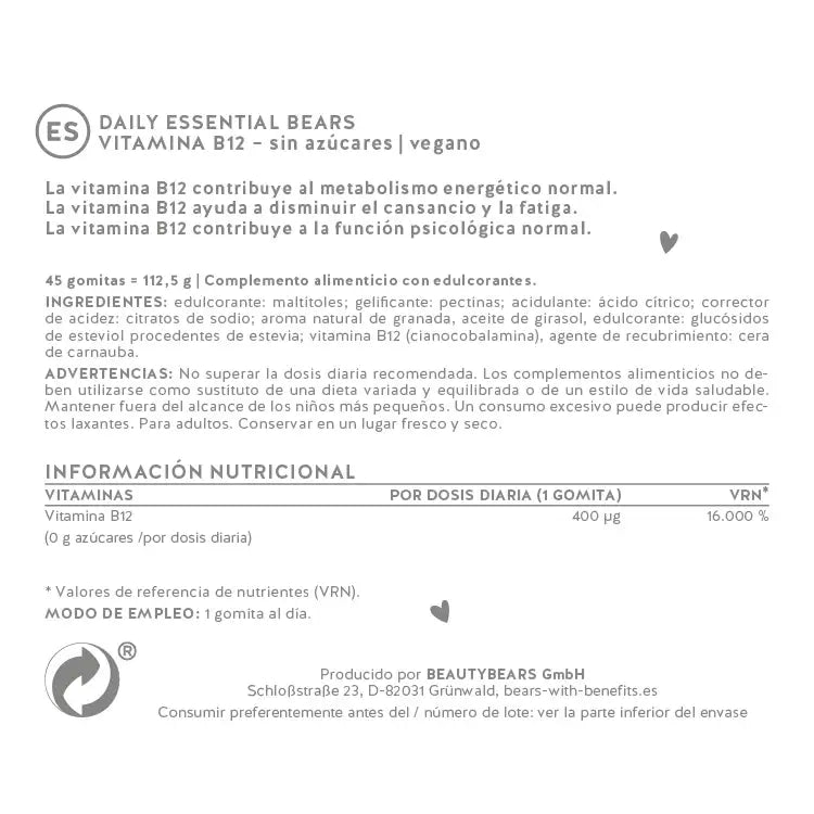 Esta imagen muestra los ingredientes del producto Daily Essential Bears con vitamina b12 de Bears with Benefits.