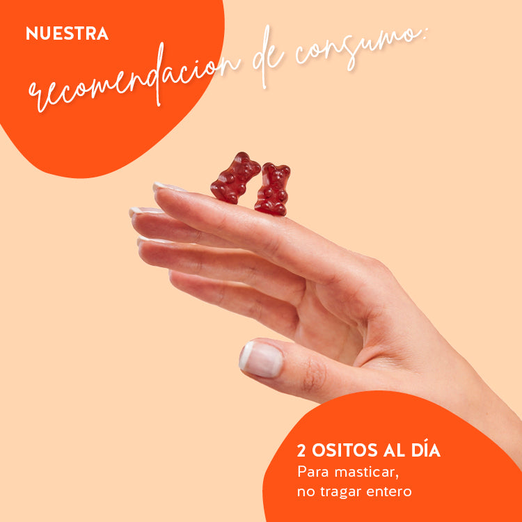 Esta imagen muestra la ingesta recomendada para los ositos de daily essential bears con vitamina C:  2 piezas al día - para masticar, no tragar entero.
