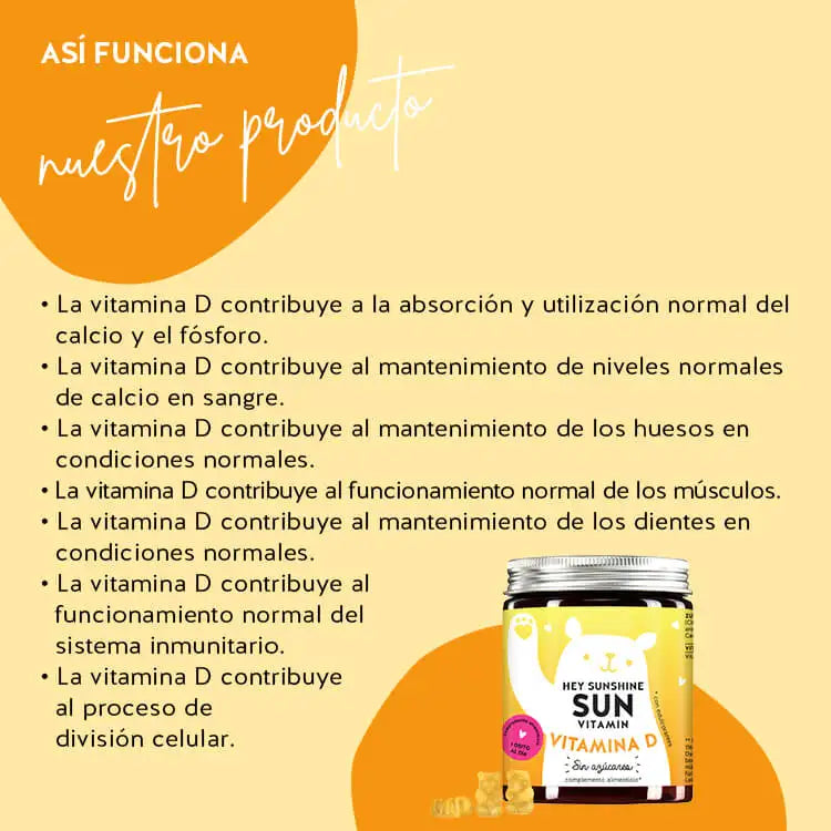 Este es el efecto de Hey Sunshine Sun Vitamins de Bears with Benefits con la vitamina D. La vitamina D contribuye al funcionamiento normal del sistema inmunitario y a la división celular. La vitamina D es importante para la función muscular, los huesos y los dientes.