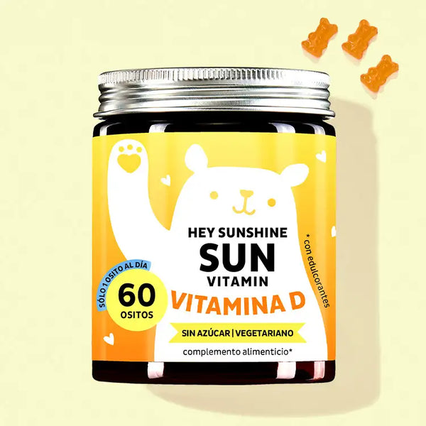 Una lata de Hey Sunshine Sun Vitamins con vitamina D de Bears with Benefits para el sistema inmunitario, los huesos y los músculos.