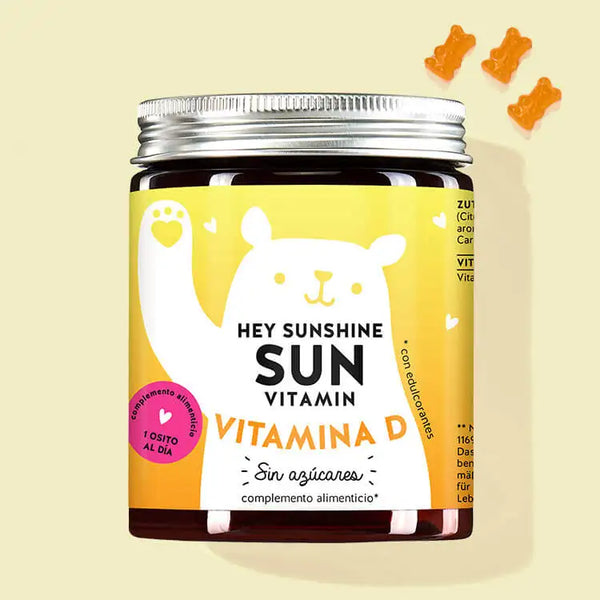 Una lata de Hey Sunshine Sun Vitamins con vitamina D de Bears with Benefits para el sistema inmunitario, los huesos y los músculos.