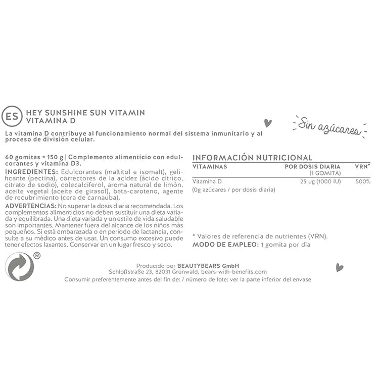 Estos ingredientes y nutrientes se encuentran en el Hey Sunshine Sun Vitamins de Bears with Benefits.