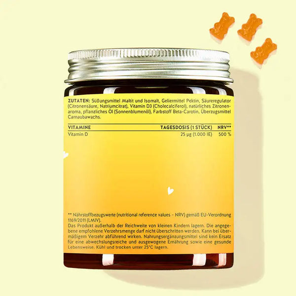 Este es el reverso del envase de los Ositos solares Hey Sunshine con vitamina D. Muestra la información nutricional y la lista de ingredientes del producto.