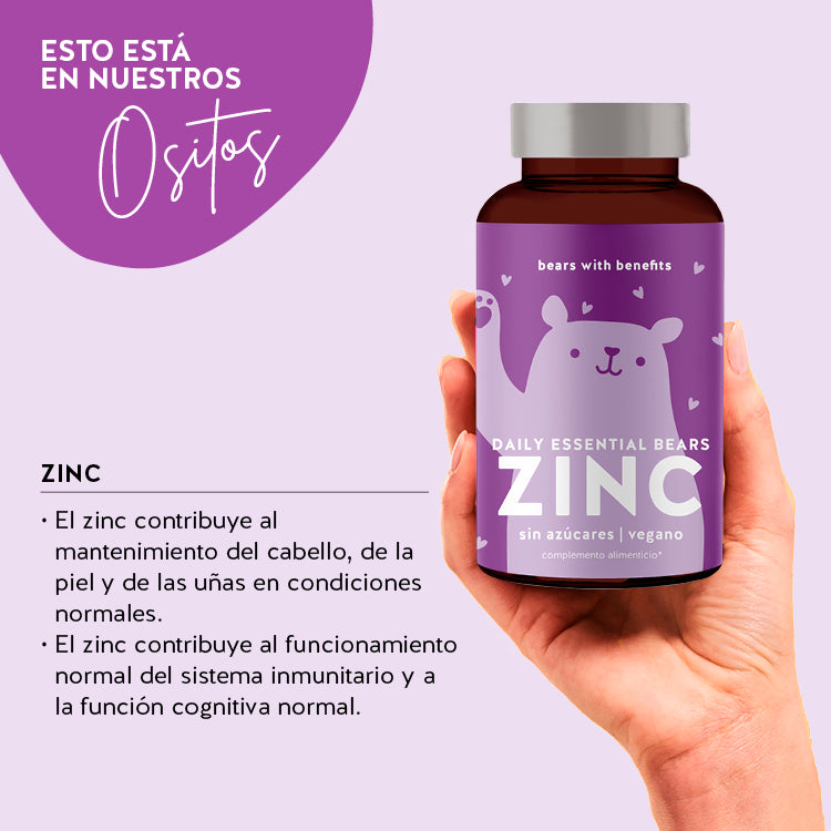 Esta imagen muestra los ingredientes del producto Daily Essential Bears con zinc de Bears with Benefits.