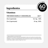 Bears with Benefits Daily Essentials Zinc – Tabla nutricional con 12,5 mg de zinc por gominola, información detallada de ingredientes y valores nutricionales para la rutina diaria.