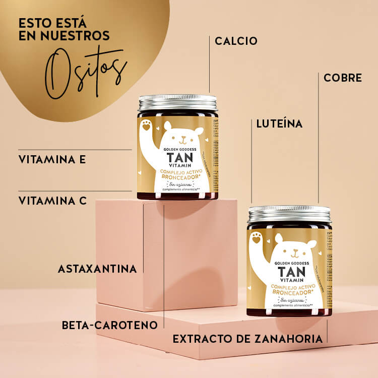 Esta imagen muestra los ingredientes de los ositos Golden Goddess Tan con betacaroteno. Betacaroteno, astaxantina, vitaminas C y E, calcio, luteína, cobre y extracto de zanahoria.