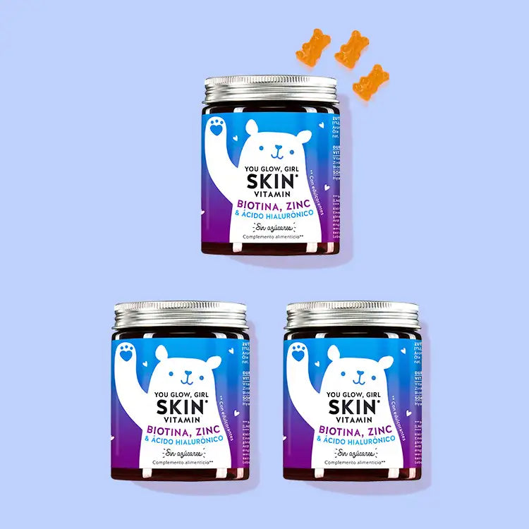 El You Glow, Girl Skin Vitamins con Biotina, Zinc y Hialurón de Bears with Benefits como cura de 1,5 meses.