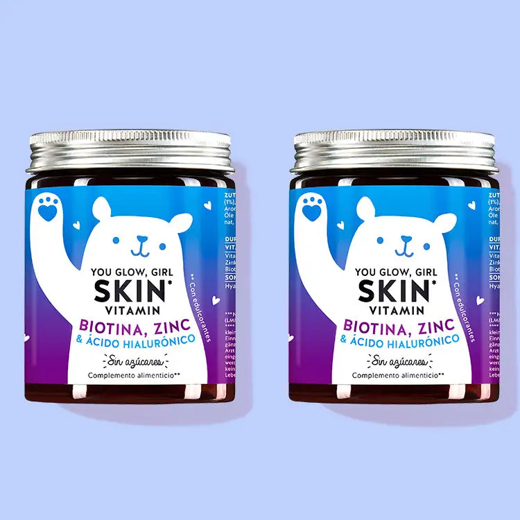 El You Glow, Girl Skin Vitamins con Biotina, Zinc y Hialurón por Bears with Benefits como cura de 1 mes.