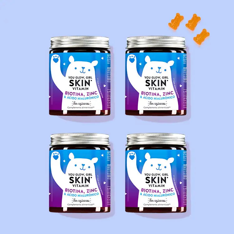 El You Glow, Girl Skin Vitamins con Biotina, Zinc y Hialurón de Bears with Benefits como cura de 2 meses.